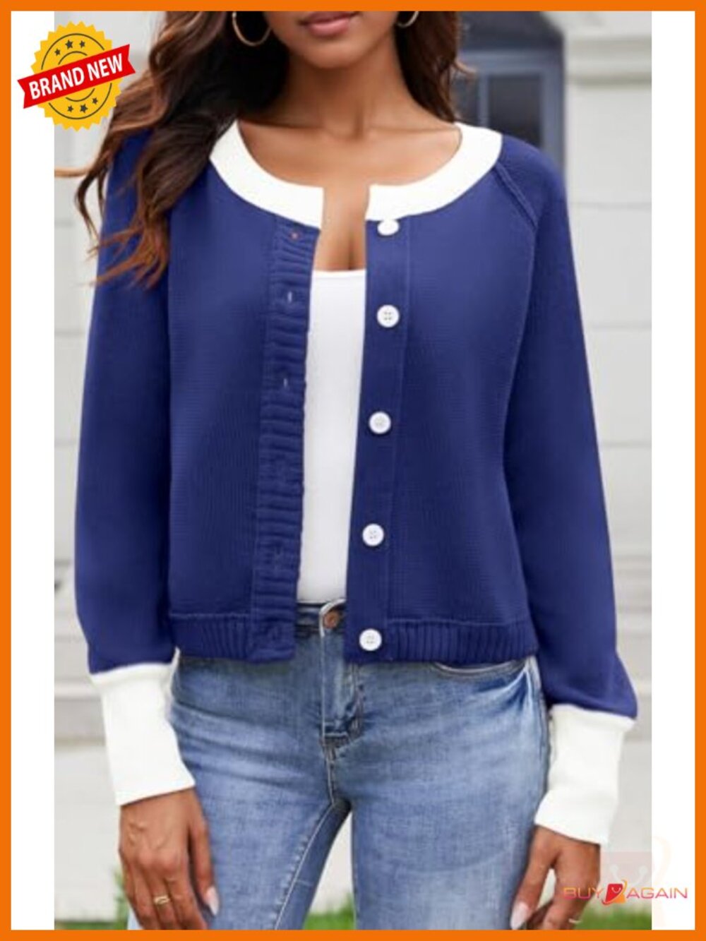 Cropped Cardigan Sweater Long Sleeve Button Down Color Block Knit Outwear - Picture 2 of 5